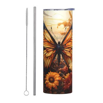 Кухоль з прямою трубочкою, 590 мл, помаранчевий/жовтий, поле метеликів, квіти, дорожній кухоль з принтом, підходить для кемпінгу, офісу та дому