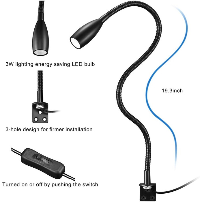 Світлодіодна лампа для читання FIFILARY, 2 приліжкові світильники, настінні світильники, письмовий стіл, книжкова полиця та освітлення вітрин 200 лм / 3000K / 3 Вт / 110-240 В змінного струму, кут променя 30, довжина гусячої шиї 48 см Чорний