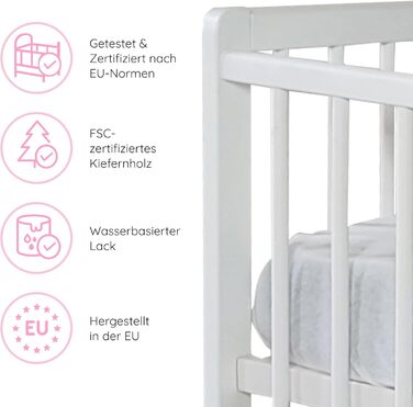 Дитяче ліжечко, дитяче ліжко 60x120 см, ліжечко, повний комплект з матрацом, розкладне тумбочки, регульована по висоті рейкова основа зі знімними рейками, з шухлядою білий колір, масив сосни