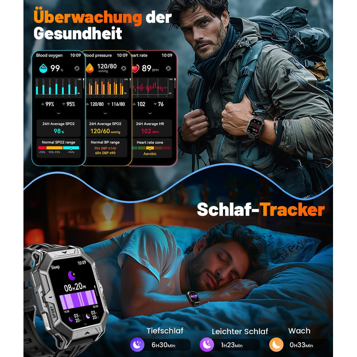 Чоловічий військовий смарт-годинник, 2.13-дюймовий AMOLED з 256 МБ, акумулятор 1000 мАг, барометр/альтиметр/компас, смарт-годинник з функцією телефону, понад 100 спортивних режимів, фітнес-трекер, водонепроникність 10 атм для Android та iOS TX1-EC