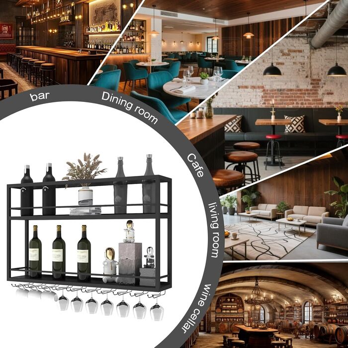 Промислова настінна винна підставка з тримачем для келихів, чорний металевий тримач для пляшок, багатофункціональна винна підставка, 2-ярусна, для домашнього бару, їдальні, кухні (1002065 см)