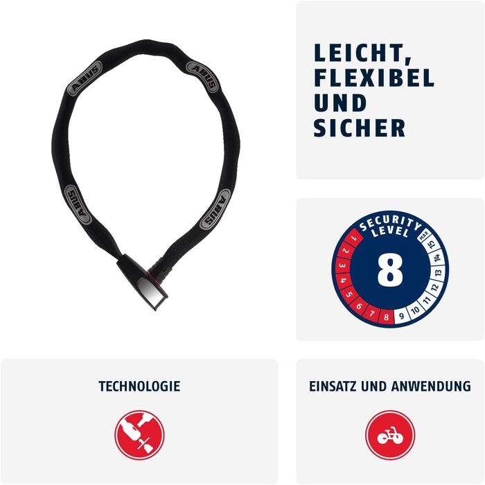 Ланцюговий замок ABUS Steel-O-Chain 8807K Гнучкий велосипедний замок із загартованої сталі Рівень безпеки ABUS 8 Чорний 110 см Одинарний