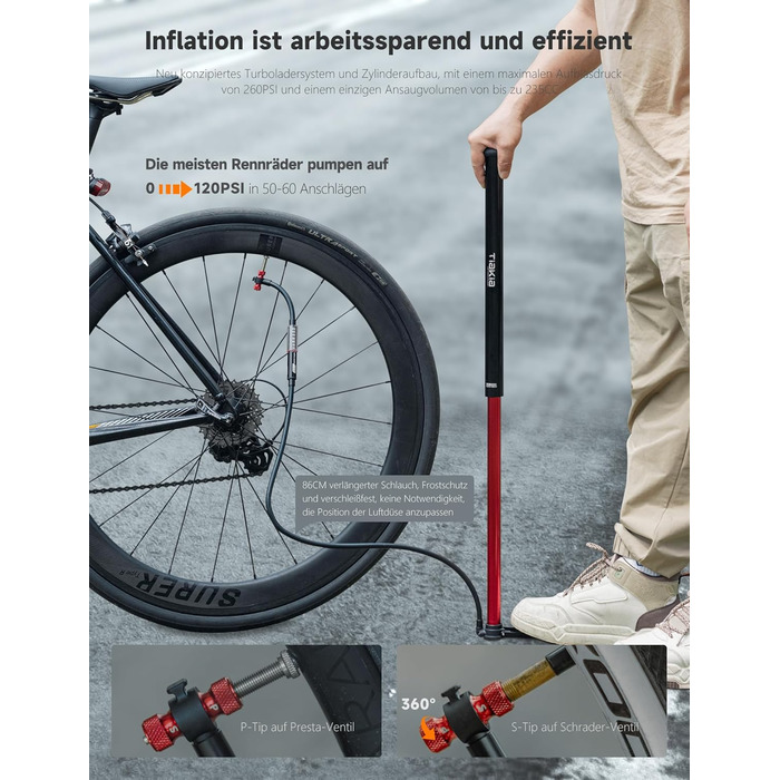 Велосипедний насос Tiakia з манометром, маленький велосипедний насос для всіх типів вентилів, алюмінієвий міні-насос, портативний насос для шин Schrader та Presta, шосейні та гірські велосипеди, 260 PSI/18 бар