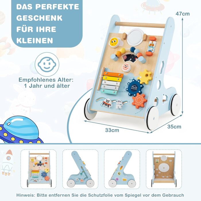 Дерев&39яні ходунки для дітей віком від 1 року з дзеркалом та дошкою для активності, допоміжний пристрій для ходьби Монтессорі, іграшка для ходьби, дерев&39яна іграшка для хлопчиків та дівчаток (синя)