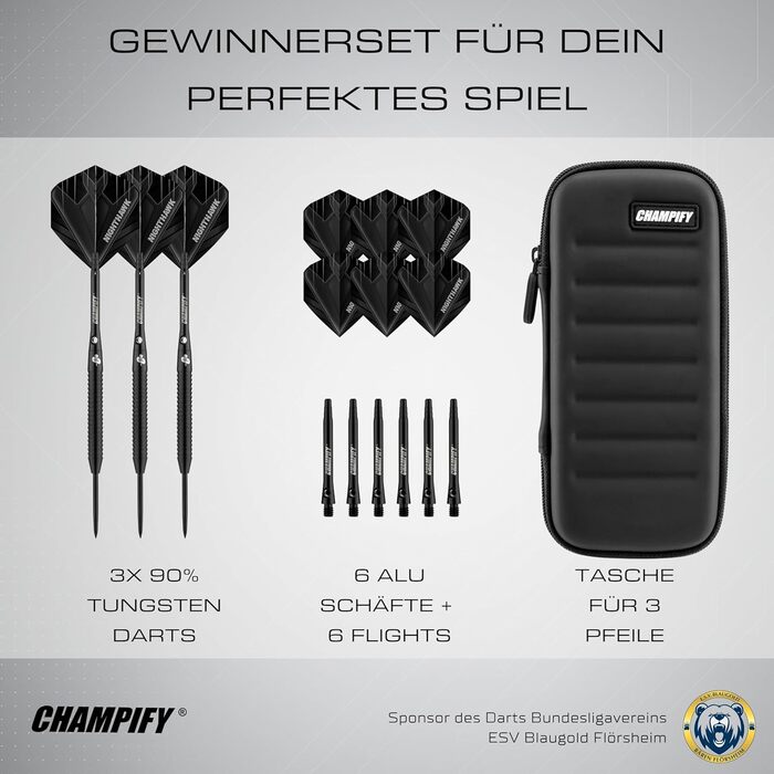 Набір дротиків Champify з 90 вольфраму з чорним футляром 3 сталеві дротики з 9 алюмінієвими стрижнями та 9 дергами Набір дротиків з аксесуарами Дротики з металевим наконечником
