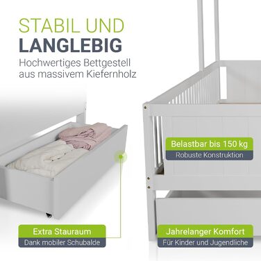 Дитяче ліжко Juskys Yari 90x200 см - Односпальне ліжко з письмовим столом та шухлядою, сосна та міцні матеріали, дизайн &quotГрайливий будиночок&quot - Біле