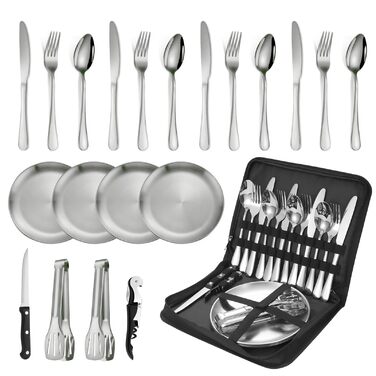 Набір столових приборів для кемпінгу, 20-предметний набір кемпінгового посуду для 4 осіб, нержавіюча сталь, з ложкою, виделкою, ножем, тарілкою та затискачем для кемпінгу, пікніків та походів