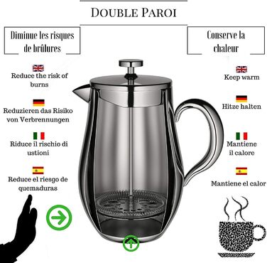 Кавоварка для френч-прес VeoHome не б'ється і довго зберігає вашу каву теплою завдяки подвійному рукаву (1 літр) 1 літр