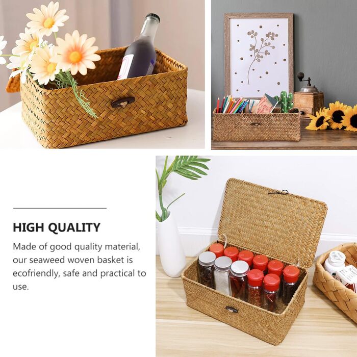 И плетеного прямокутного кошика з ротанга з натурального плетеного ротанга, кошик для зберігання з кришкою, плетений кошик для зберігання для організації іграшок-снеків, 2 шт.