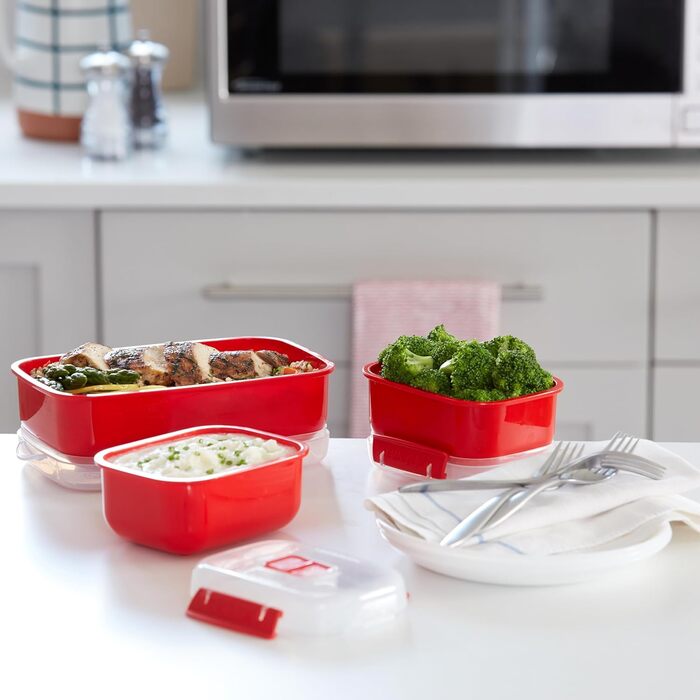 Набір ланч-боксів Sistema Microwave-Heat & Eat для мікрохвильової печі 3 прямокутні ланч-бокси з кришками, придатні для використання в мікрохвильовій печі (1 x 1,25 л 2 x 525 мл) Затискачі, що замикаються, та вентиляційні клапани Без BPA 3 шт. (1 x 1,25 л