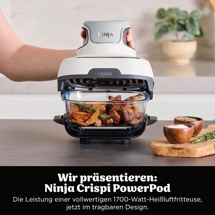 Портативна аерофритюрниця Ninja CRISPi, 3,8 л та 1,4 л, з сумкою для перенесення, біло-срібляста