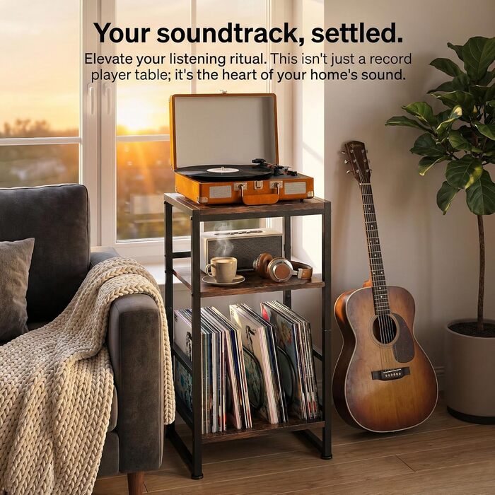 Підставка для програвача платівок, 3-ярусний бічний столик, столик для програвача платівок, до 120 альбомів, столик для вітальні, спальні, вінтажний коричневий (сільський коричневий)