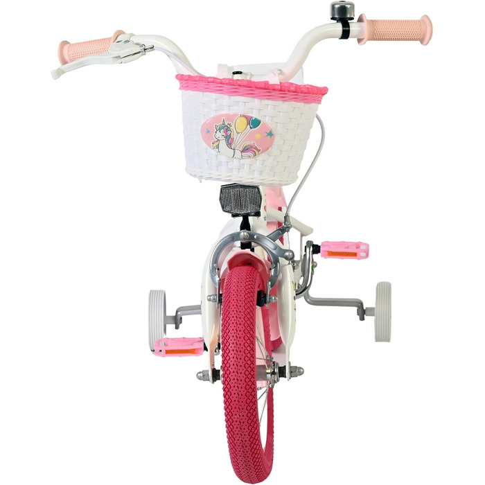 Дитячий велосипед Volare білий з сидінням-єдинорогом та рожевими ручками Ножне та ручне гальмо З додатковими колесами Комфорт та безпека Вік 35 років Легкий у збиранні Ідея для подарунка