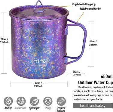 Титанова чашка TiTo, кемпінговий чайник, кава, кухоль для води, надлегкий портативний посуд 450 мл, складна ручка, титановий горщик з кришкою для відпочинку на природі, походів, пікніка, напоїв, відкритий фіолетовий