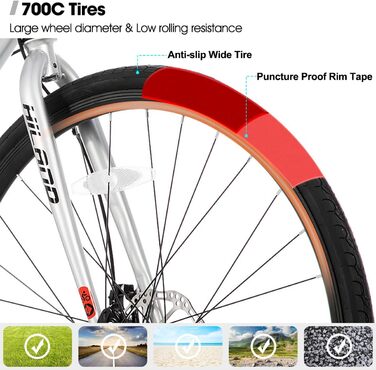 Шосейний велосипед Hiland 28 дюймів, 21 передача, міський велосипед для чоловіків з дисковими гальмами, рама 530 мм, зручний шосейний велосипед, колеса 700C, чорний/червоний/срібний, розмір L