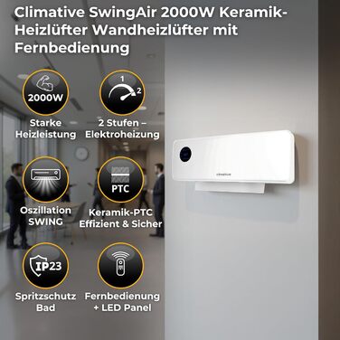 Настінний вентилятор-обігрівач SwingAir 2000 Вт, керамічний настінний обігрівач, електричний обігрівач для ванної кімнати з коливаннями, світлодіодний дисплей, білий