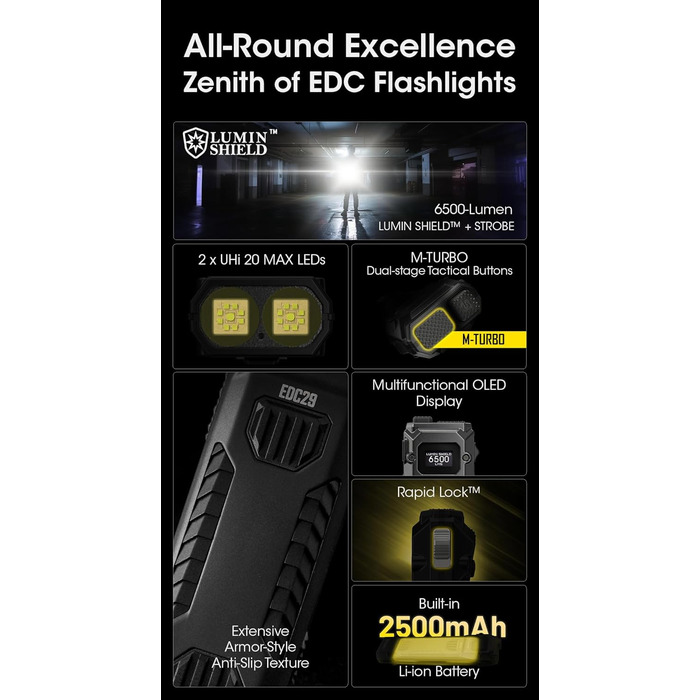 Тактичний ліхтарик Nitecore EDC29 Luminblade, акумуляторний світлодіодний ліхтарик USB, надзвичайно яскравий 6500 люмен, до 61 години роботи, чорний