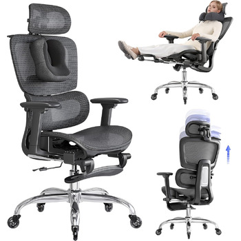 Ергономічне офісне крісло з підставкою для ніг та подушкою для шиї, 5-позиційне регулювання висоти спинки, 2D-підтримка попереку, 3D-підлокітники/підголівник, функція нахилу 145, сітчасте сидіння, гумові колеса, чорний колір.