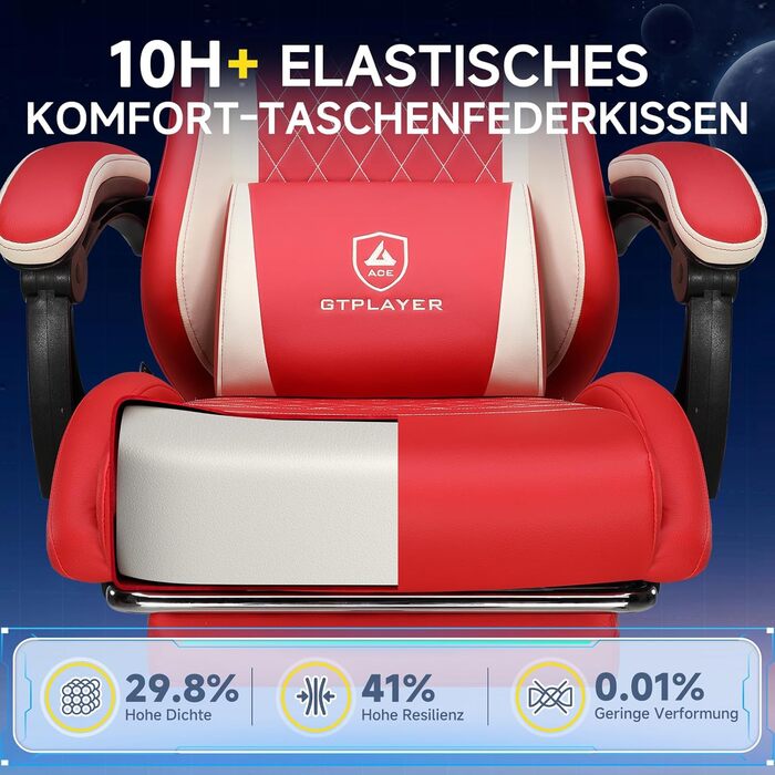 Ігрове крісло GTPLAYER, ергономічне ігрове крісло зі штучної шкіри з поперековою підтримкою, крісло для ПК з розширеною спинкою, вантажопідйомність до 150 кг, червоне, збільшене з штучної шкіри