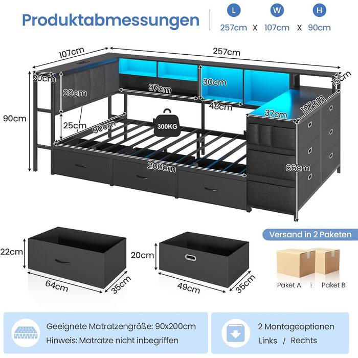 М&39яке ліжко, диван-ліжко, дитяче ліжко 90x200 см з комодом з 6 шухлядами та вбудованим письмовим столом, кушетка зі світлодіодним освітленням та зарядною станцією, ліжко 90x200 см з м&39яким узголів&39ям, чорного кольору.