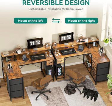 Подібний письмовий стіл із USB-портом для зарядки та розеткою, двосторонній кутовий стіл із 4 шухлядами та полицею, ігровий стіл із підставкою для монітора, 140x100 см, комп&39ютерний стіл для офісу, коричневий