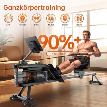 Гребний тренажер YAMO для домашнього використання, водний гребний тренажер для домашнього використання, 6-рівневе регулювання опору, підтримка Bluetooth, надзвичайно широке сидіння, вантажопідйомність до 158 кг, з тримачем для планшета YR35