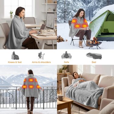 Бездротова ковдра з підігрівом 160x90 см з акумулятором 16000 мАг, фланелева ковдра з підігрівом, яку можна прати, з 6 зонами нагріву та 3 температурними режимами, електрична ковдра з підігрівом від USB для дивана, офісу, подорожей, кемпінгу (сіра)