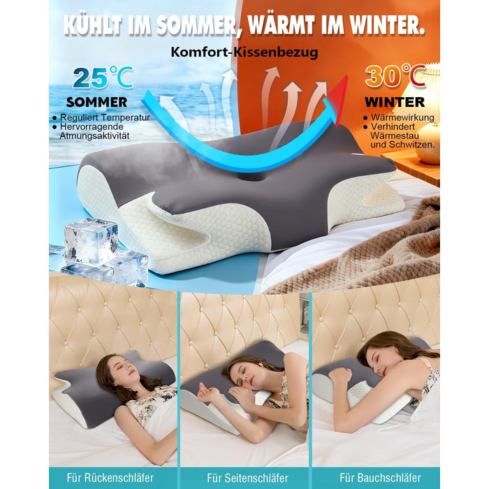 Ортопедична подушка IDEA, подушка для шиї, подушка для голови від болю в шиї, ергономічна подушка з піни з ефектом пам&39яті, подушка для сну на боці, спині та животі - полегшення для шиї та сну (257-a) 65 x 36 x 11/14 см