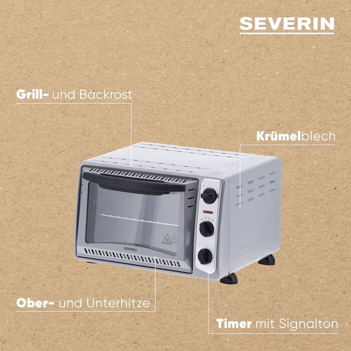 Піч для випічки та підсмажування SEVERIN, мобільна духова шафа для піци, запіканок, тортів, булочок тощо, тостер потужністю 1 500 Вт і температурою від 100 до 230 C, срібло, ТО 2045 Single