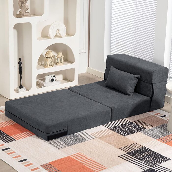 Крісло-ліжко HOMCOM 3-в-1, розкладний диван-ліжко з регульованою спинкою, подушка, гостьове ліжко з фланелевим ефектом, розкладне крісло для вітальні/спальні, 80 x 80 x 64 см, темно-сірий, темно-сіра тканина з фланелевим ефектом