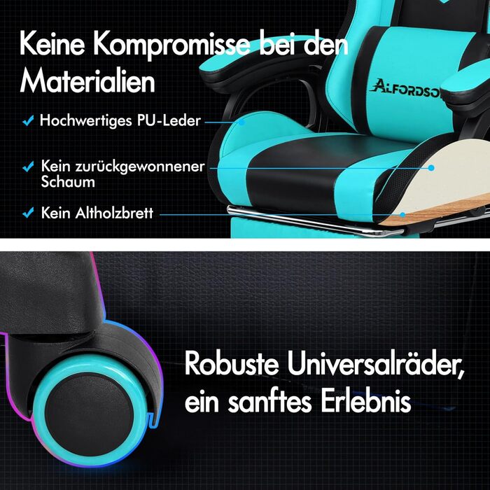 Ігрове крісло ALFORDSON, світлодіодне гоночне ігрове крісло з 12-кольоровим RGB-підсвічуванням, масажне ігрове крісло з поперековою опорою, підставкою для ніг, матеріал PU, блакитний колір Marc - серія Cyan Marc