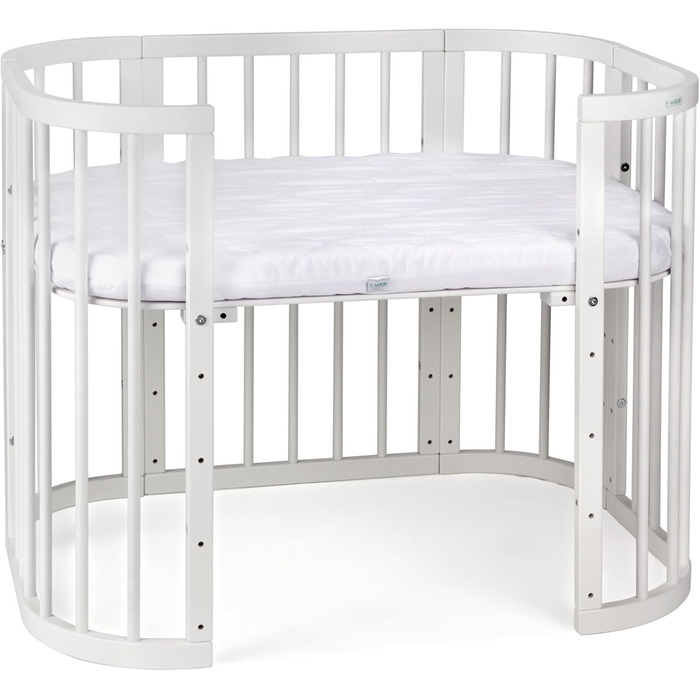 Дитяче ліжко Waldin 5-в-1, дерев&39яне приліжкове ліжечко, матрац, вентильоване, регульована основа у 5 положеннях, біле дерево (комплект тканини не входить до комплекту)