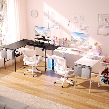 Ігровий стіл із розумним світлодіодним освітленням, L-подібний стіл із подовжувачем для домашнього офісу, кутовий стіл 120-150 см з розеткою, сумка для зберігання, підставка для монітора, білий