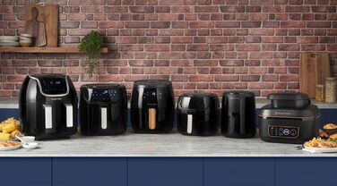 Двокамерна фритюрниця Russell Hobbs 2 відділення кожне 4,25 л, можна використовувати лише окремо, загальний об'єм 8,5 л Технологія швидкої фритюрниці (8 програм, можна мити в посудомийній машині, сенсорний екран) Аерофритюрниця 27290-56S