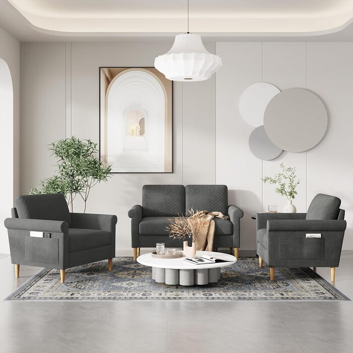 Місний диван Vesgantti, невеликий тканинний диванчик з підлокітниками, міні-диван для вітальні/квартири/офісу, легке складання, 123 x 70 x 88 см, сірий, міні-2-місний, 2-