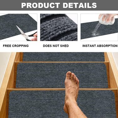 Килимки для сходів, 15 шт. , 55 x 22 см, самоклеючі, можна прати в пральній машині, протиковзкі, для сімей з дітьми, людьми похилого віку та домашніми тваринами (сірі)