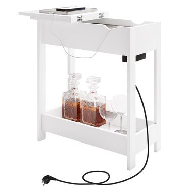 Приставний столик EUGAD, тумбочка з розеткою, столик для дивана, журнальний столик, маленький столик, консольний столик, розкладна стільниця, 3 полиці, для вітальні, спальні, кухні, білий, 0001CHJ