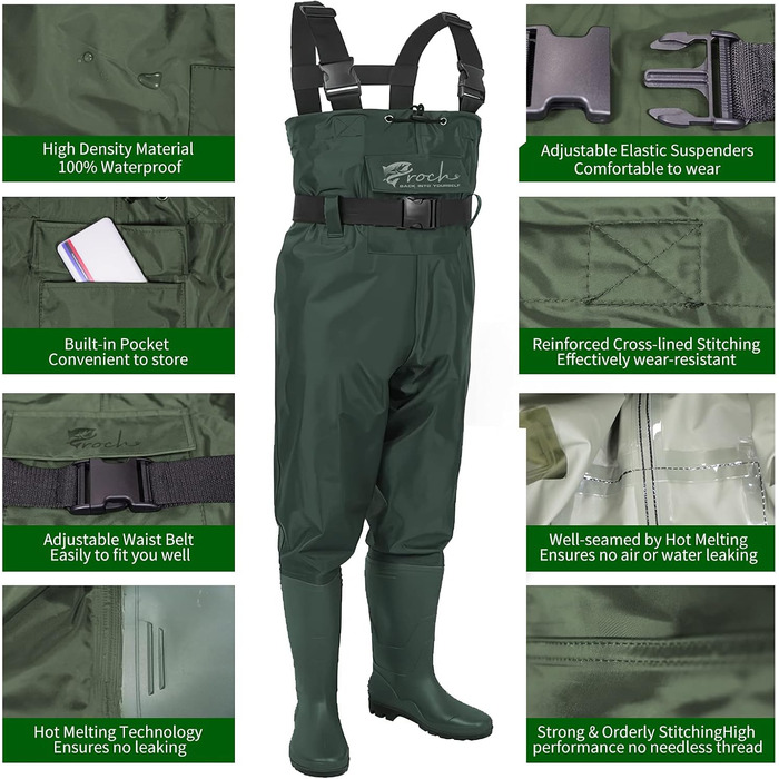 Вейдерси Croch для чоловіків та жінок, рибальські штани, водонепроникні ПВХ-нейлонові з гумовими вейдерсами, розміри 38-47, ідеальні вейдерси та рибальські штани, зелені, розмір 47