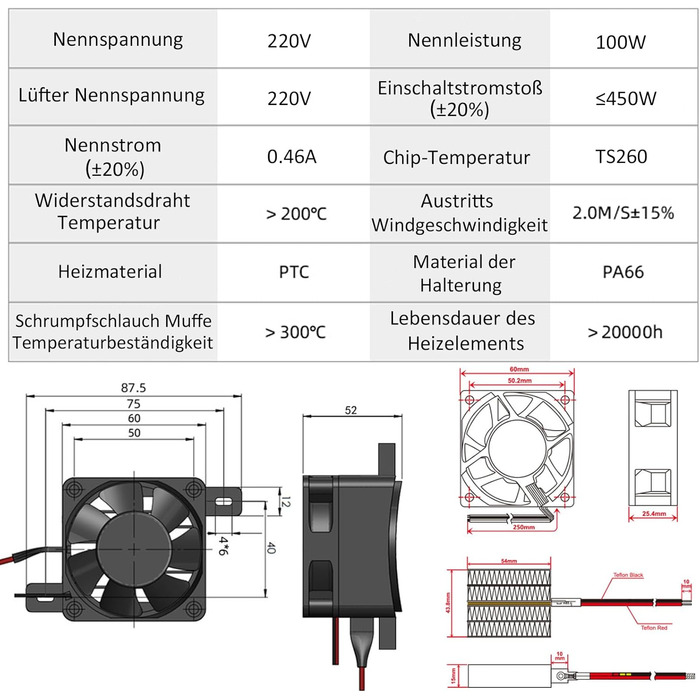 Повітряний обігрівач PTC з вилкою 100 Вт 220 В, ізольований автомобільний вентилятор-обігрівач PTC з постійною температурою, нагрівальний елемент постійної температури 60 мм, PTCYADU