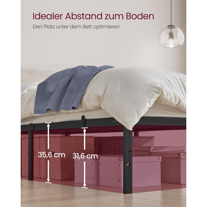 Каркас односпального ліжка VASAGLE, Ліжко, 90 x 200 см, Металеве ліжко, Каркас ліжка, Місце для зберігання під ліжком, Сучасне, Гостьове ліжко, Легке складання, Чорно-чорний RMB132B01 90 x 200 см Висота - 35,6 см