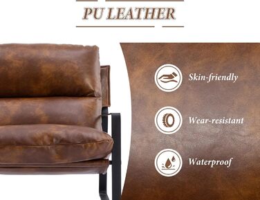 Крісло для вітальні, крісло для читання з підлокітниками, сучасне крісло для відпочинку з металевим каркасом, штучна шкіра, коричневий колір