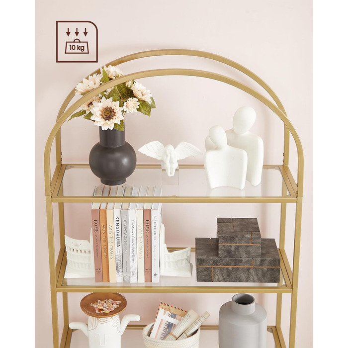 Полиця VASAGLE, 5-ярусна книжкова полиця, окремостояча полиця із загартованого скла, арочна полиця для зберігання, металевий каркас, для вітальні, спальні, кабінету, ванної кімнати, золотисто-прозора LGT050A01 30,2 x 83 x 183,5 см Золотий прозорий