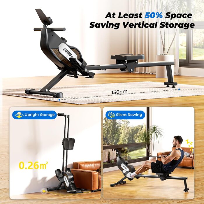 Складаний гребний тренажер ONETWOFIT для домашнього використання, степер для домашнього використання, 16 рівнів безшумного опору, фітнес-обладнання, крос-тренажер вантажопідйомністю 160 кг, сумісний із додатком, чорний
