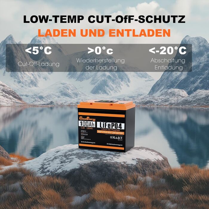 Літій-іонний акумулятор Cloudenergy 12,8 В 100 Аг LiFePO4, 1280 Втгод, 100 А Bluetooth BMS із сенсорним екраном, 6000 циклів заряджання/розрядки, підходить для автофургонів, човнів та кемпінгу. (DP-12V-100Ah)