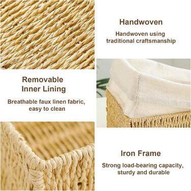 Набір із 3 кошиків для зберігання з кришками плетені кошики з паперової мотузки з металевим каркасом та підкладкою, 3 розміри, місце для зберігання речей у стилі бохо для ванної кімнати, пеленальний столик, органайзер та декор