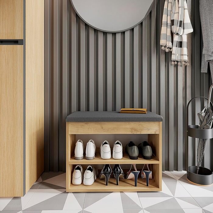 Лавка для взуття KOMTO з сидінням - Полиця для взуття Лавка з місцем для зберігання Медовий дуб 60 x 48 x 32 см Маленька шафка для взуття з лавкою Лавка для передпокою Гардеробна лавка Sofia Медовий дуб Оббивка сіра 60 x 48 x 32 см