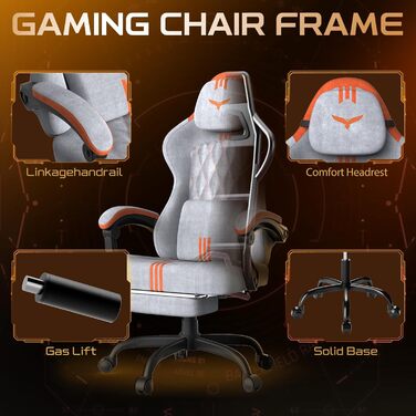 Ергономічне ігрове крісло Verdego з функцією масажу, підголівником та підставкою для ніг, оксамит, регульована спинка 90-145, регульована висота 10 см, ігрове крісло, сіро-помаранчевий оксамит