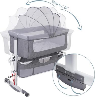 Дитяче ліжечко Supfine Cododo, ліжко 3-в-1 з матрацом та москітною сіткою, регульована висота, мобільна колиска для новонароджених/немовлят, Calidoo з кошиком для зберігання (92 x 58 x 70-87 см, сірий колір), YE360461 сірий 92x58x70-87 см
