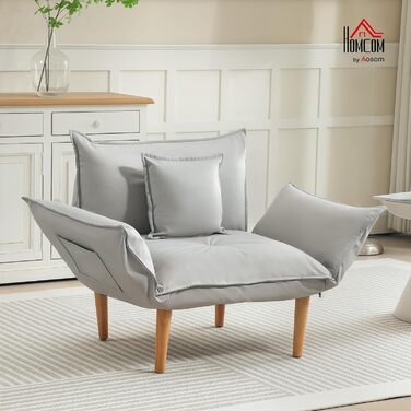 Крісло HOMCOM 2-в-1, м&39яке крісло з регульованою спинкою, м&39яке одномісне крісло з подушкою, крісло-шезлонг на дерев&39яних ніжках для вітальні, тканина з мікрофібри, світло-сірий колір