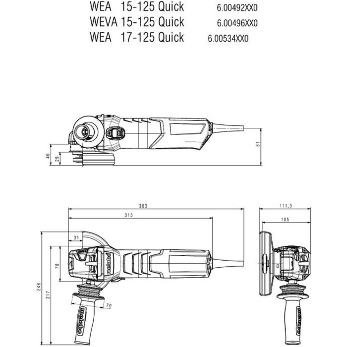 Кутова шліфувальна машина Metabo WEA 17-125 Quick (600534000) Картонна коробка, 1700 Вт, Ø диска 125 мм, швидкість холостого ходу